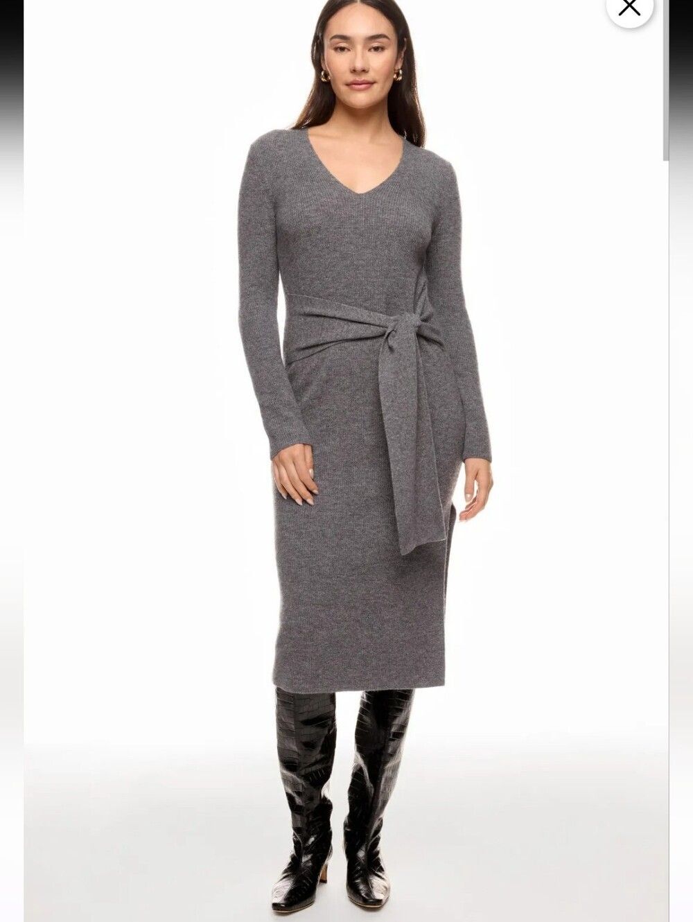 Toccin Gray Sweater Rib Knit Tie Front Wool Midi Dress Size S